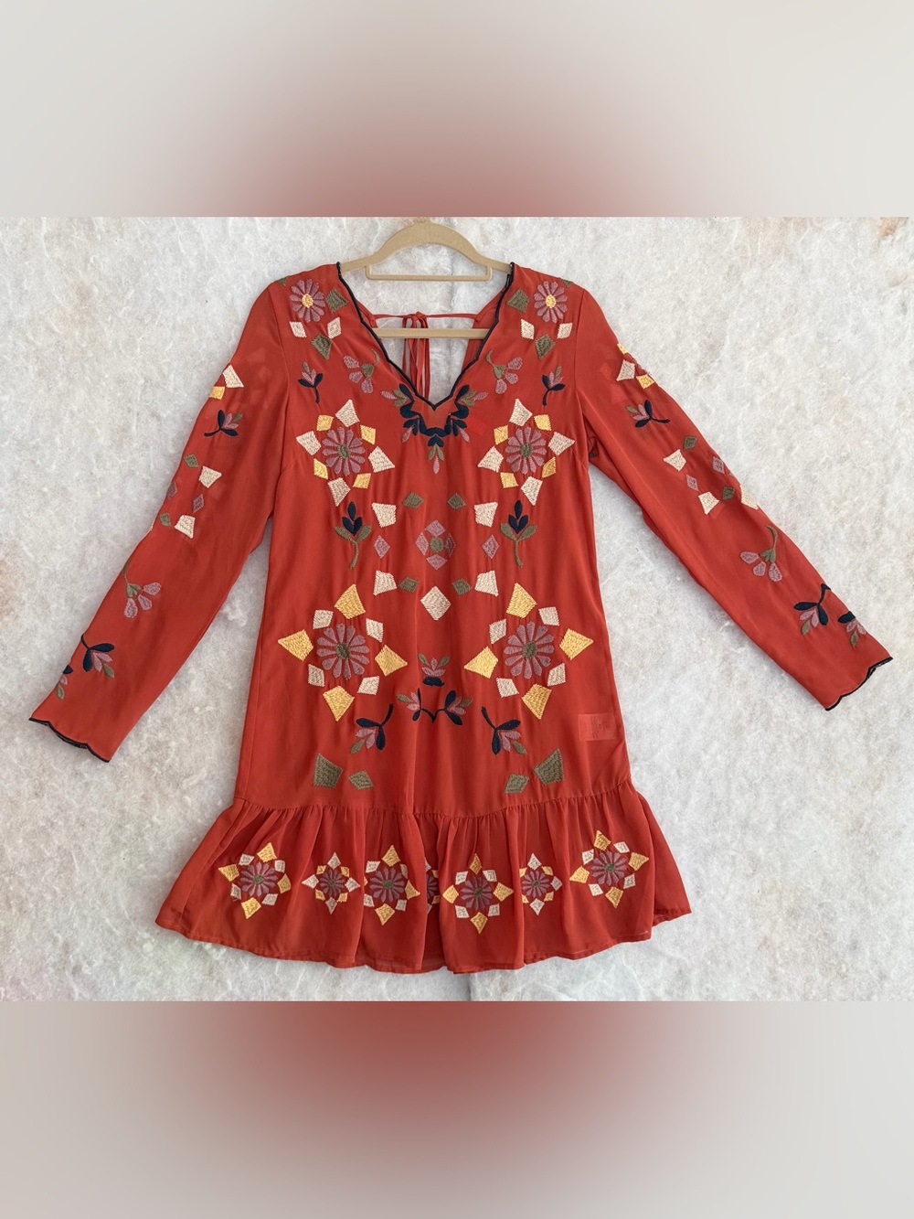 Embroidered Rust Orange Boho Tunic Dress (SKU802)